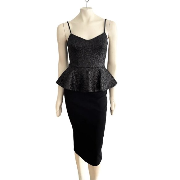 DRESS THE POPULATION Joan Sequin Matte Peplum Dress in Black SZ S - Picture 2 of 13
